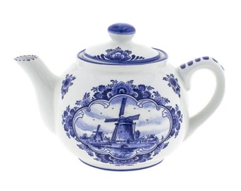 Delft blue teapot or coffee pot with Dutch landscape and windmill decoration