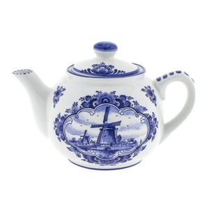 Delft blue teapot or coffee pot with Dutch landscape and windmill decoration