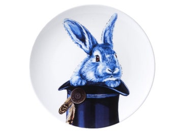 Wall plate with a rabbit in a top hat, Delft blue porcelain wall decoration