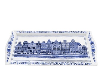 Delft blue serving tray or plate with a Dutch landscpae with a windmill or a row of Amsterdam canal houses