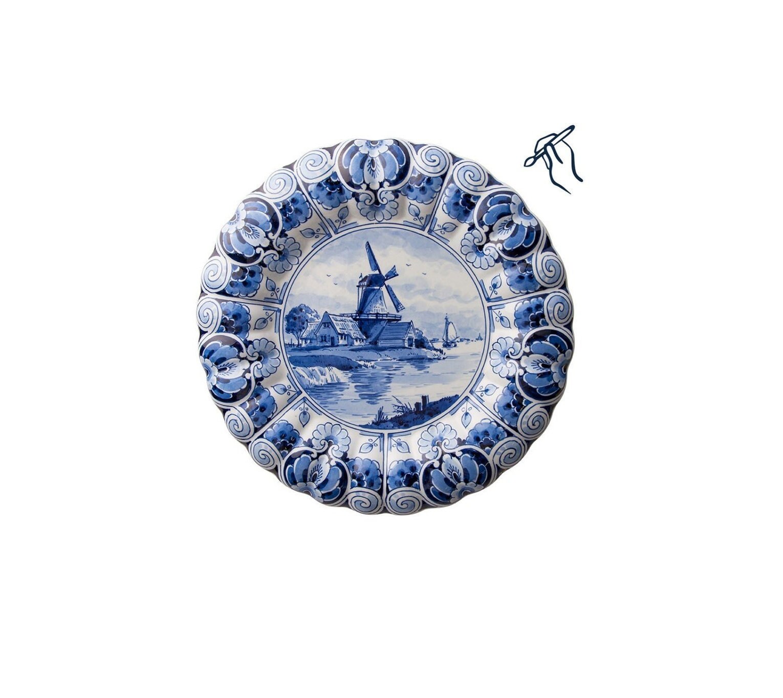 Wall Plate Delft Blue Porcelain With Dutch Landscape and Scalloped
