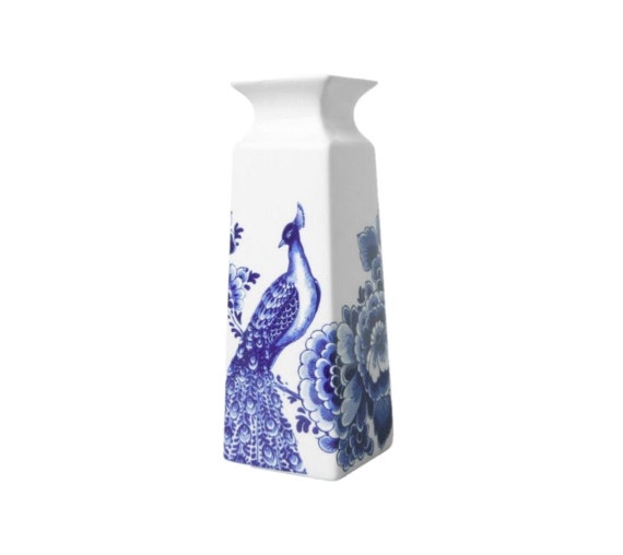 Square shaped Delft blue flower vase with peacock on porcelain