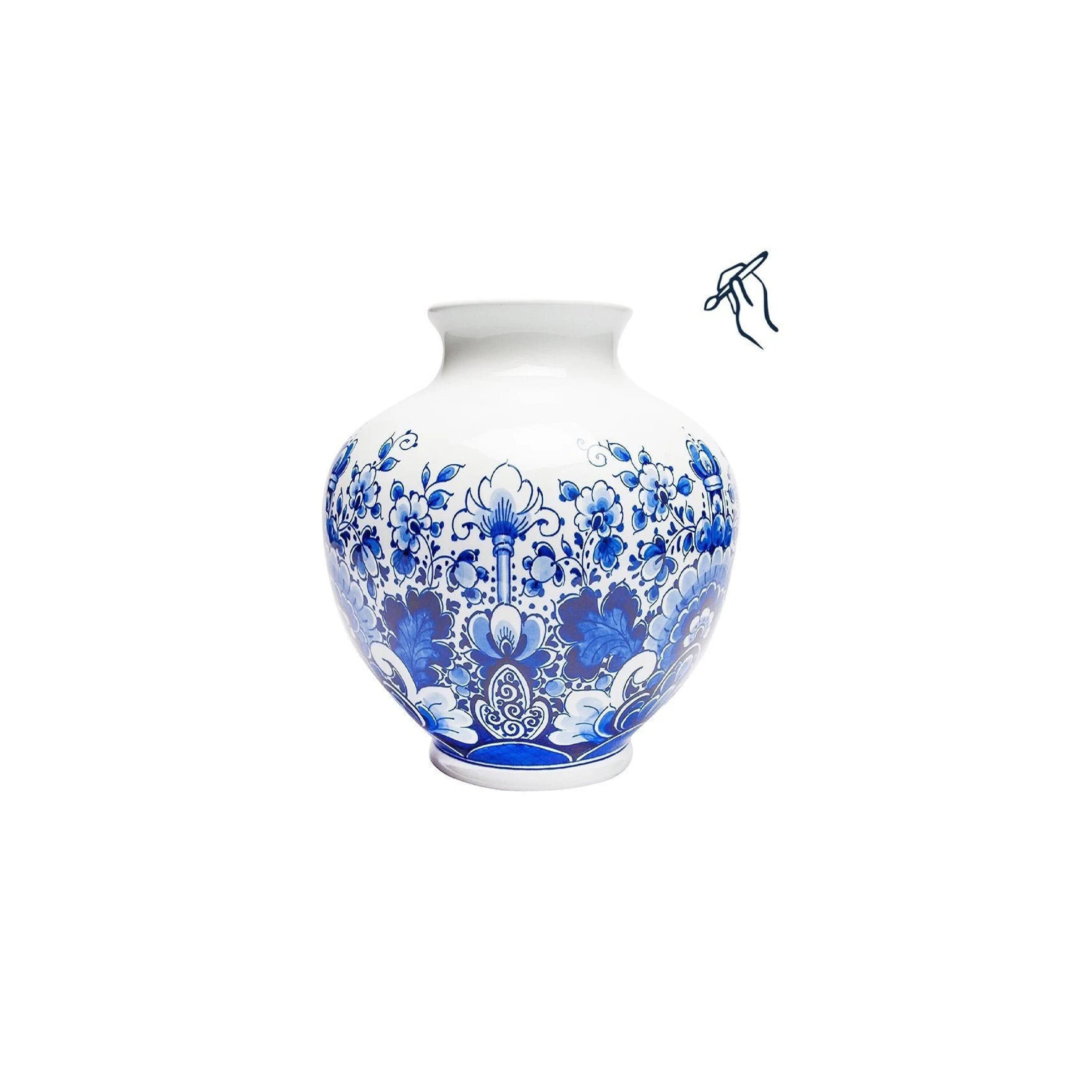 陶器製青い花瓶 鳥と花のデザイン 手描き陶器花瓶 鳥と植物デザイン 花瓶（デルフトの青い花瓶