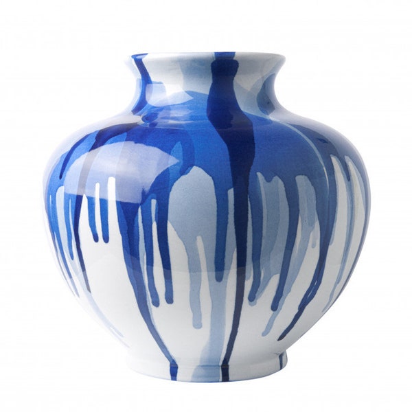 Modern Delft blue vase with drip effect, hand-painted porcelain ball vase with signature
