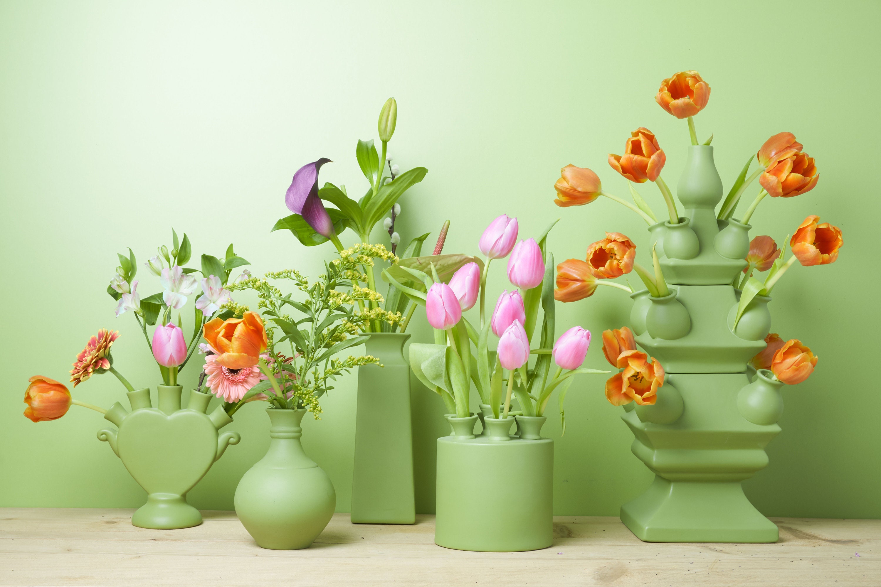 Set of 7 green matte tulip vases tulipieres Delft porcelain Etsy