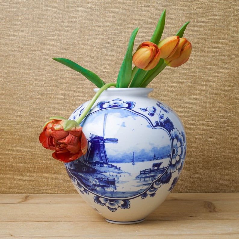 Delft Blue Ball Tulip Vase With Flower or Windmill Design Etsy New