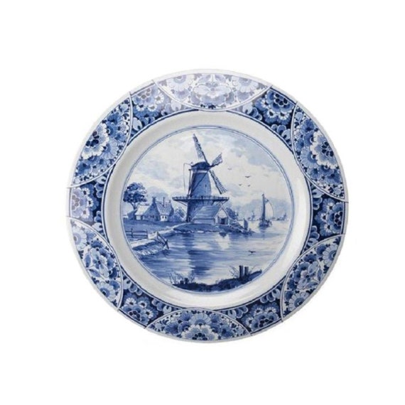 Wall Plate Delft Blue Porcelain With Dutch Windmill Fully Etsy