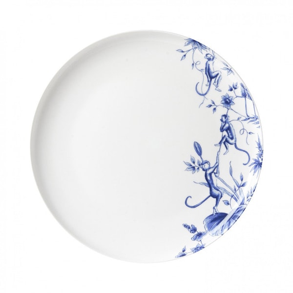 Set of 2 Delft blue dinner plate, porcelain, decorated with monkeys, flowers and branches