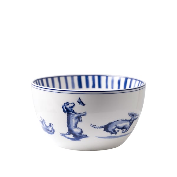 Set of 2: porcelain yoghurt or cereal bowl, Delft blue porcelain, decorated with a dachshund dog pattern