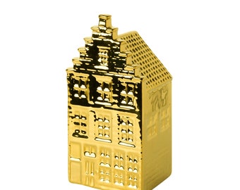 Miniaturhaus Niederländisches Kanalhaus mit Goldfarbe, Delfter Porzellan