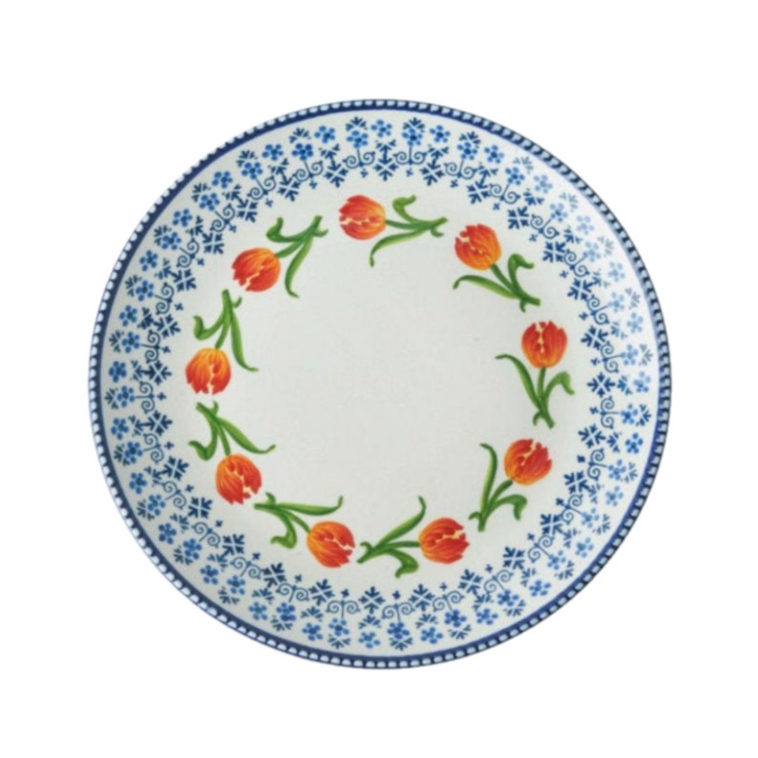 Delft Blue Dinner Plate With Tulips, Handmade and Handpainted