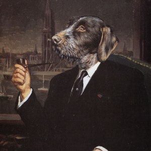 May include: Oil painting of a dog with a human body, wearing a black suit, white shirt, and tie. The dog is holding a pipe and seated in a chair. The background shows a harbor scene with buildings and boats.