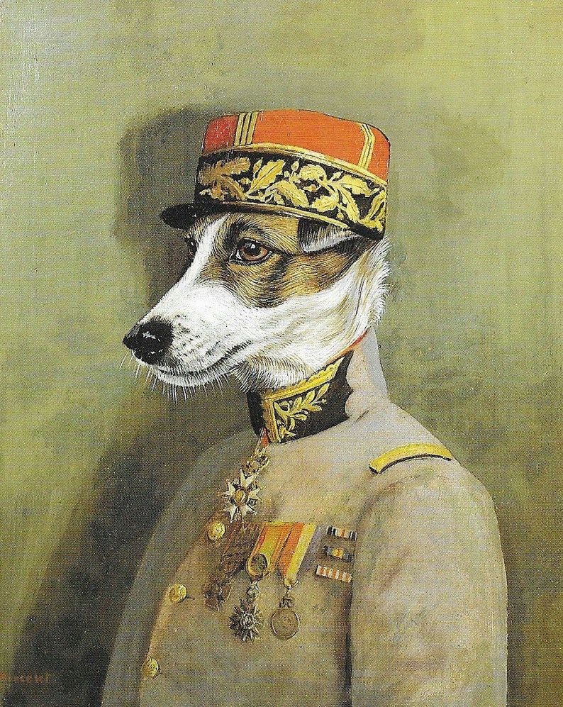 Pu&ograve; includere: Ritratto d'epoca di un cane vestito con un'uniforme militare. Il cane indossa un cappello arancione e oro, un cappotto chiaro con finiture dorate e diverse medaglie. L'opera d'arte ha un'atmosfera classica e regale.
