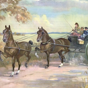 May include: An antique painting depicts two brown horses pulling a carriage on a dirt road. The horses are harnessed and moving forward, with a driver and passengers in the carriage. The background shows a field and a cloudy sky.