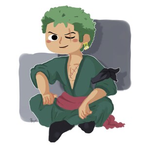May include: A cartoon illustration of a green-haired character with a black eye patch, wearing a green and red outfit, sitting with their legs crossed.