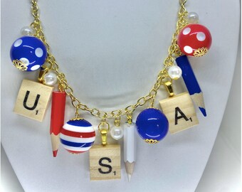 USA Necklace - Patriotic Jewelry - Election Day - Fourth of July - Colored Pencil Necklace