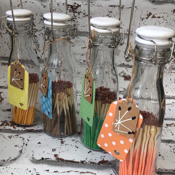 Luxury glass bottle of matches/ jar of extra long, colourful safety matches/ watertight jar of matches/ hanging jar of matches
