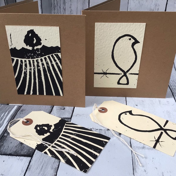 Hand printed blank greeting cards with matching gift tags / hand cut Lino print cards with tags