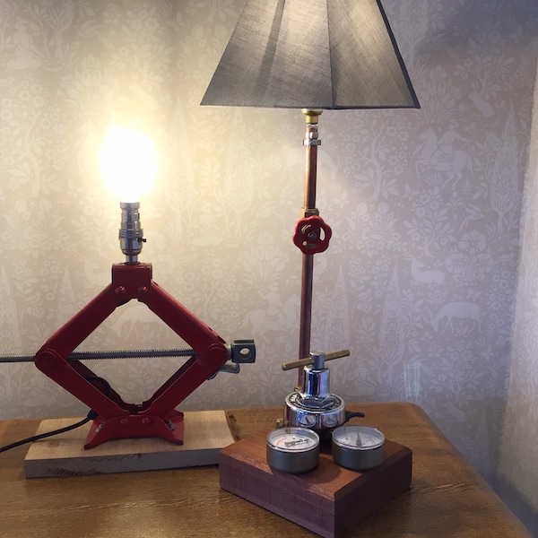 Vintage scissor car jack desk lamp/ Harris Calorific pressure gauge table lamp/ funky utilitarian lighting/ upcycled and repurposed lamps