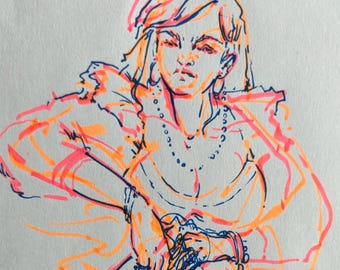 Original Elegant Lady Back Woman Drawing Markers Feminine Sensual Sketch Still Life Art Line Drawing Silhouette Smile Small size