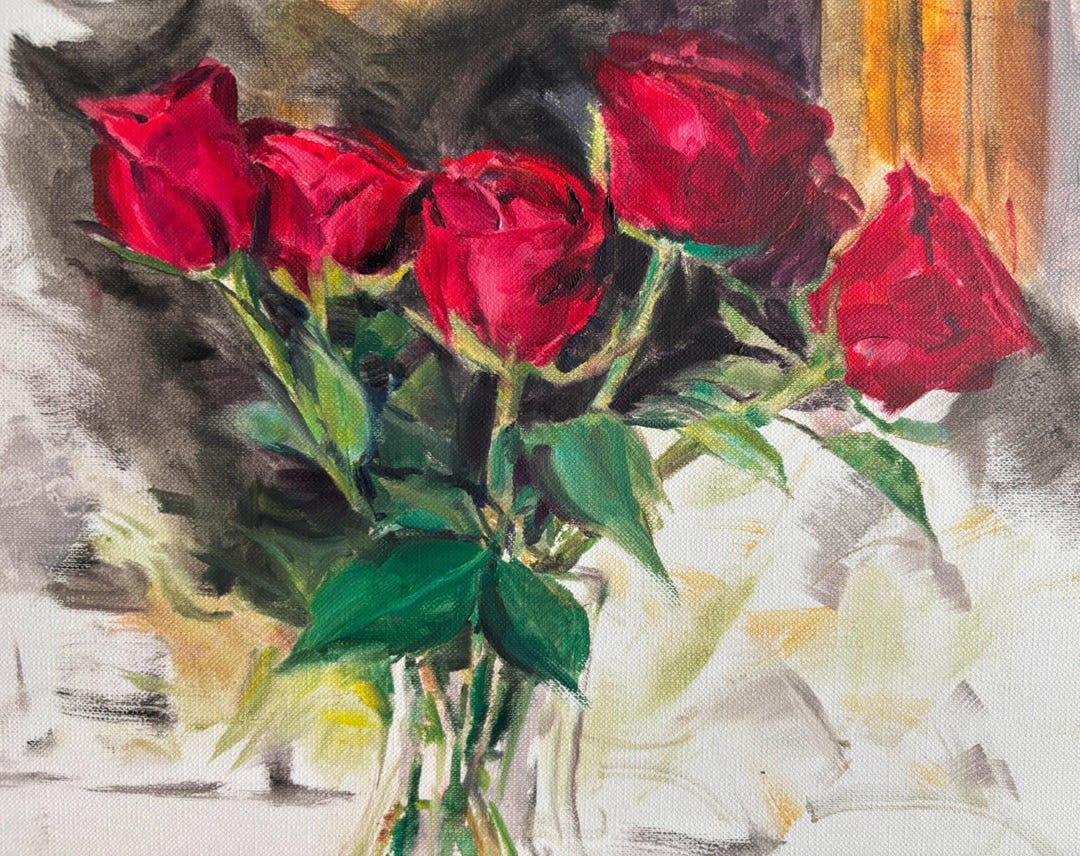 Danish Red Roses, Original Art, Floral,alla Prima, Oil on Flat Canvas ...
