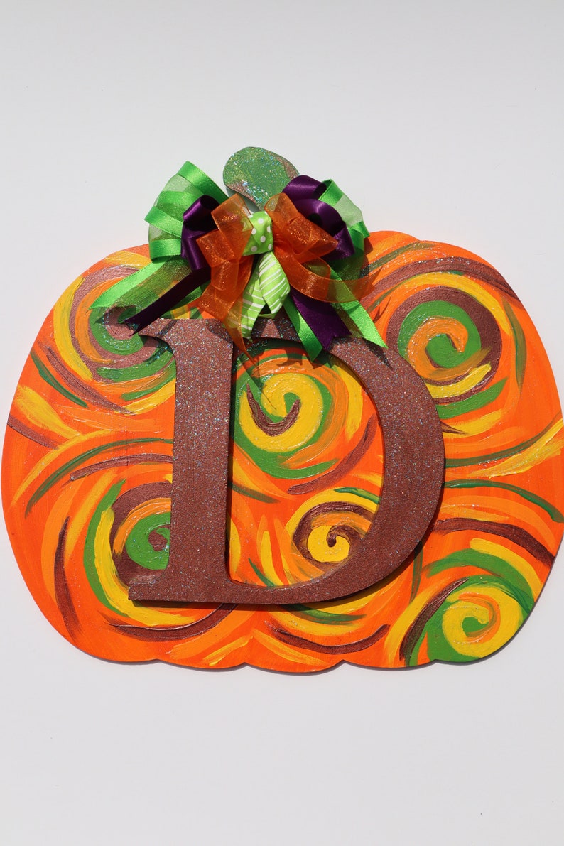 Monogram D Orange Pumpkin Fall Wood Door Hanger with Handmade Bow