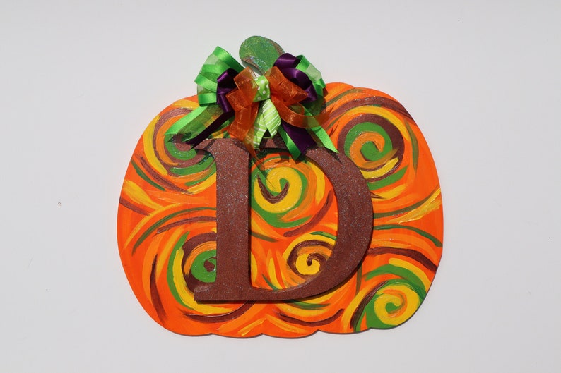 Monogram D Orange Pumpkin Fall Wood Door Hanger with Handmade Bow
