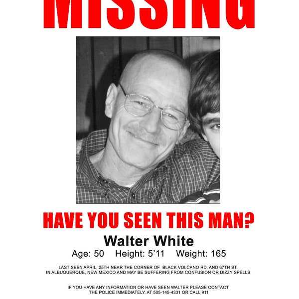 Breaking Bad Walter White Missing Poster 11 X 14 Photo Print