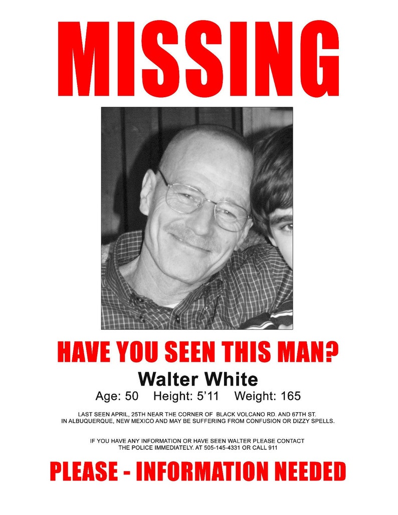 Breaking Bad Walter White Missing Poster 11 X 14 Photo Print imagem 1