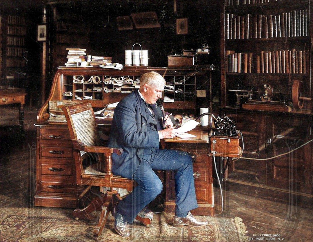 1906 Thomas Alva Edison, Using His Dictaphone Invention 11 X 14 Photo ...