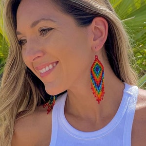 Rainbow Pride Earrings, Mermaid Fringe Earrings, Beaded Chandelier Earrings, Surgical Steel, Colorful Dangle Earrings, LGBTQ Gay PRIDE Month