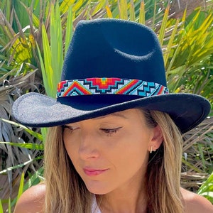 Beaded Western Hat Band: Handmade Mayan Tribal Accessory with Leather Adjustable Cord