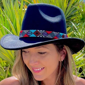 Beaded Hat Band, Cowboy Hat Band, Western Hat Accessory, Handmade by Indigenous Mayan Women, Adjustable Leather Hat Bands for Men Women