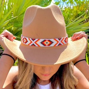Cowboy Hat Band, White Beaded Hat Band, Western Hat Accessory, Handmade by Native Mayan Women, Adjustable Leather Hat Bands for Men Women