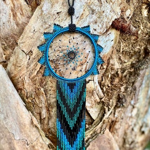 Crystal Blue Dreamcatcher, Beaded Native Wall Hanging, Apartment Decor, Spiritual Dorm Decor