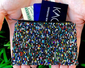 Handmade Beaded Coin Purse: Rainbow Zipper Pouch, Small Cardholder Wallet
