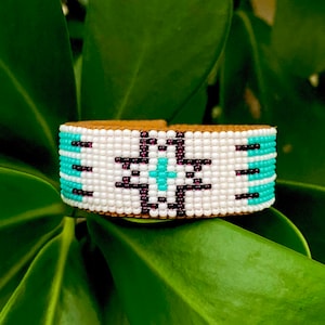 White & Turquoise Handmade Beaded Leather Cuff Bracelet: Native Guatemalan Jewelry