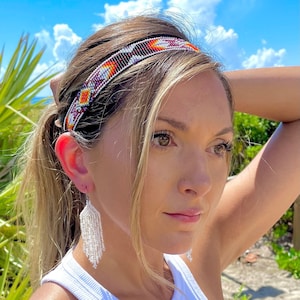 Beaded Headband, Pink Elastic Headband, Tribal Headband, Womens Headbands, Native Beaded Headband, Seed Bead Accessories, Hair Accessories