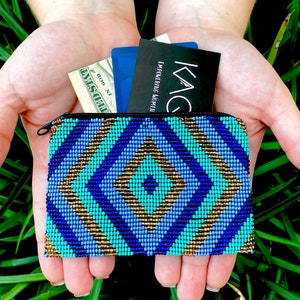 Monedero, tarjetero, monedero con cuentas turquesas, monedero con cremallera hecho a mano con cuentas de semillas, monedero azul, regalos para ella, regalo para calcetines