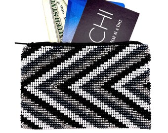 Black & White Coin Purse, Credit Card Holder, Small Minimalist Wallet, Handmade Beaded Zipper Pouch, Change Purse, Gifts for Her