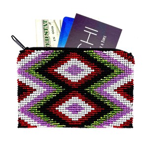 Pink & Green Handmade Beaded Coin Purse: Native Zipper Pouch