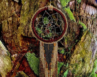 Gold Beaded Dreamcatcher: Boho Car Accessory, Native Beadwork