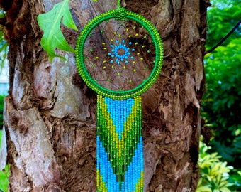 Green Beaded Dreamcatcher: Handmade Boho Wall Hanging, Car Charm