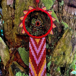 Red Beaded Dreamcatcher: Boho Native Decor, Car Accessory