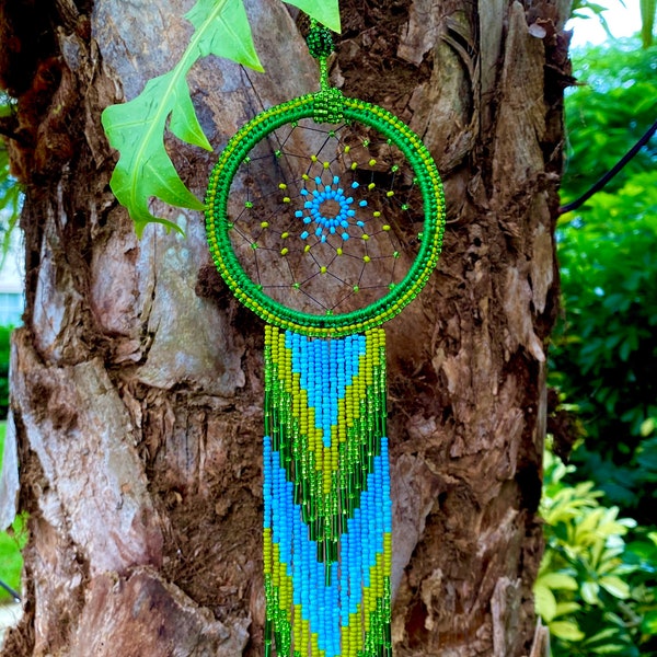 Green Beaded Dreamcatcher: Handmade Boho Wall Hanging, Car Charm