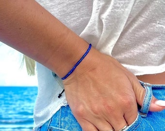 Dark Blue Seed Bead Bracelet: Waterproof Adjustable Cord Beach Jewelry