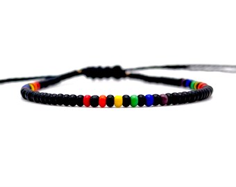 Rainbow Ankle Bracelet, Black Beaded Anklet, LGBTQ Pride Ankle Bracelet, Mens Anklet, Womens Anklet, Handmade Anklet, Beach Surfer Anklet