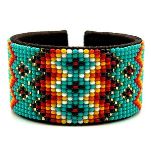 Thick Turquoise Beaded Leather Cuff Bracelet: Native Made Seed Bead Jewelry