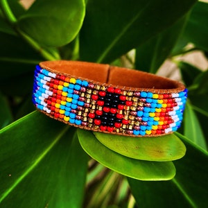 Native Handmade Beaded Leather Cuff Bracelet: Indigenous Style Jewelry