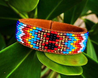 Beaded Cuff Bracelet, Brown Leather Bracelet, Indigenous Made Jewelry, One Size Fits All Bracelet, Mens & Womens Bracelet, Stocking Stuffers